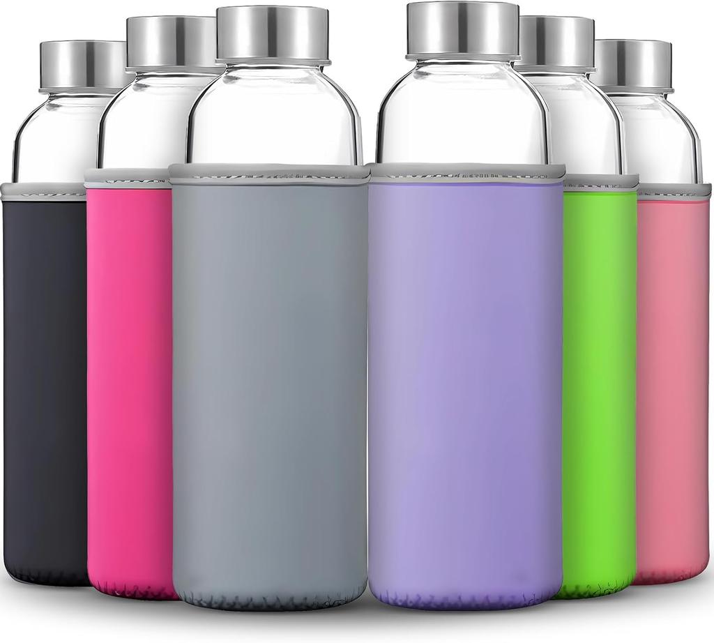 Set of 6 Glass Water Bottles 532ml Clear Bottles with Airtight Stainless Steel Lids Portable Glass Bottles with Sleeves Convenient Clear Water