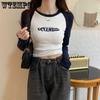 Футболка с буквенным принтом, женские весенние лоскутные топы с длинными рукавами, укороченный топ контрастного цвета в стиле ретро, ​​обтягивающий топ для девочек Y2K