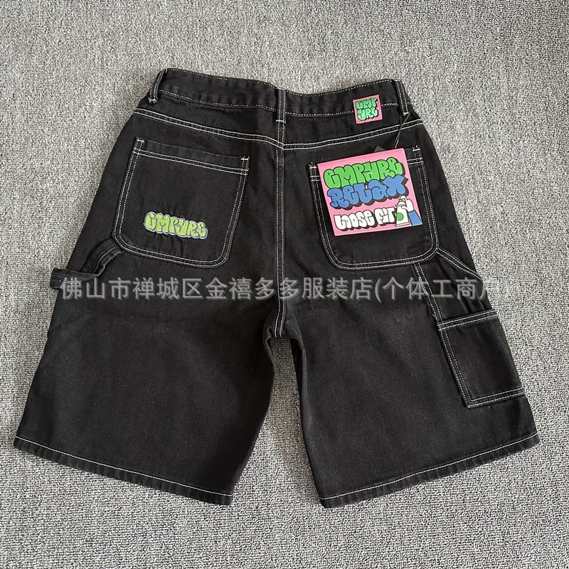 Mens Hip Hop Denim Shorts With Embroidery Straight Cut Mid-Rise Stretch Cotton 5-Point Pants
