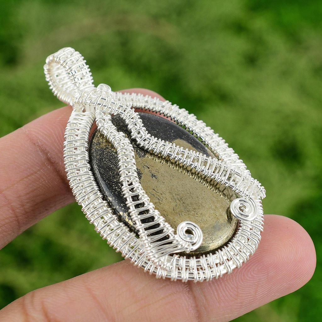925 Sterling Silver Oval Pyrite Gemstone Bezel Boho Wire Wrapped Pendant Jewelry