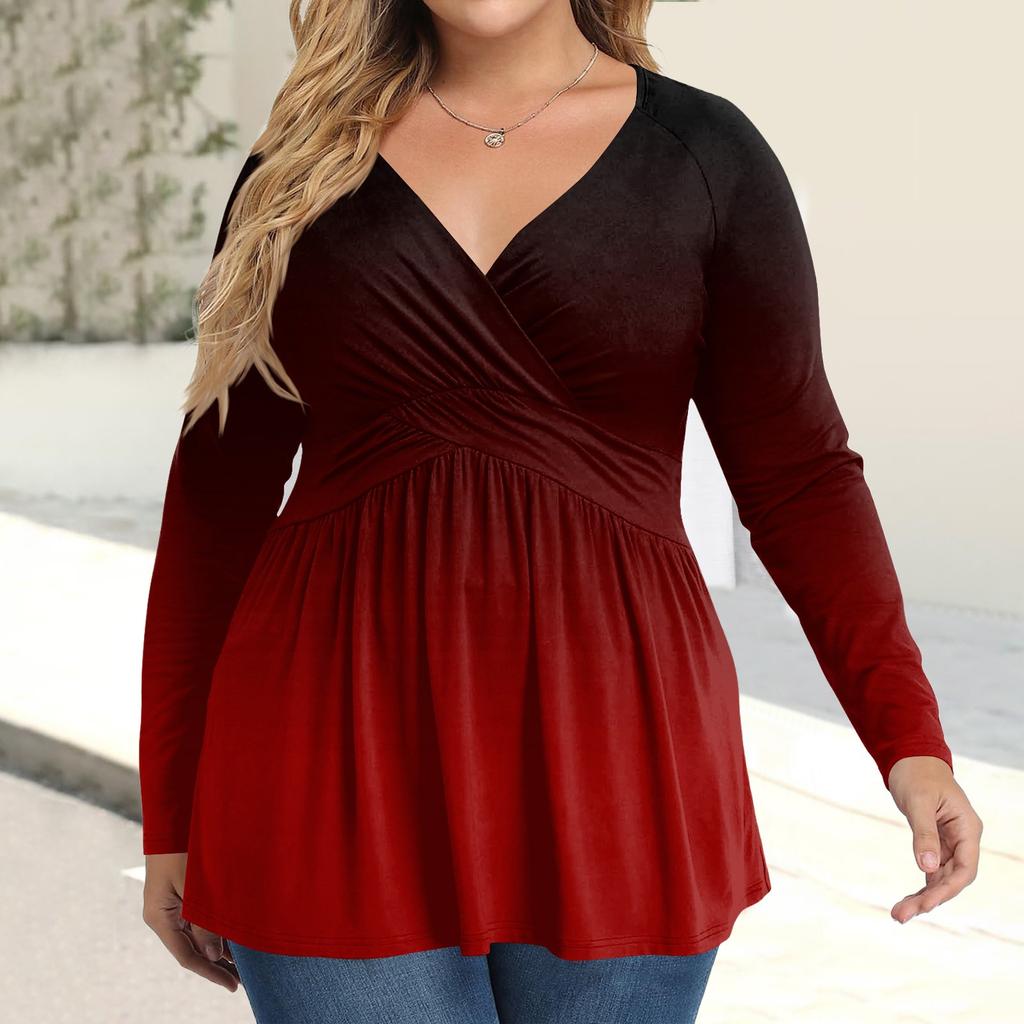 Женская рубашка большого размера с длинным рукавом, принт, плиссированный повседневный топ с V-образным вырезом