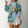 Women's 3D Abstract Swirl Print Mock Neck Long Sleeve Dress, Raglan Sleeve Fake Two Piece Mini Dress