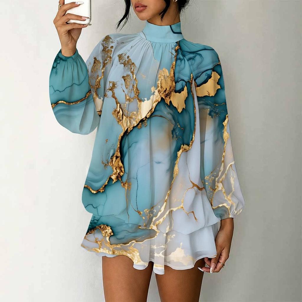 Women's 3D Abstract Swirl Print Mock Neck Long Sleeve Dress, Raglan Sleeve Fake Two Piece Mini Dress