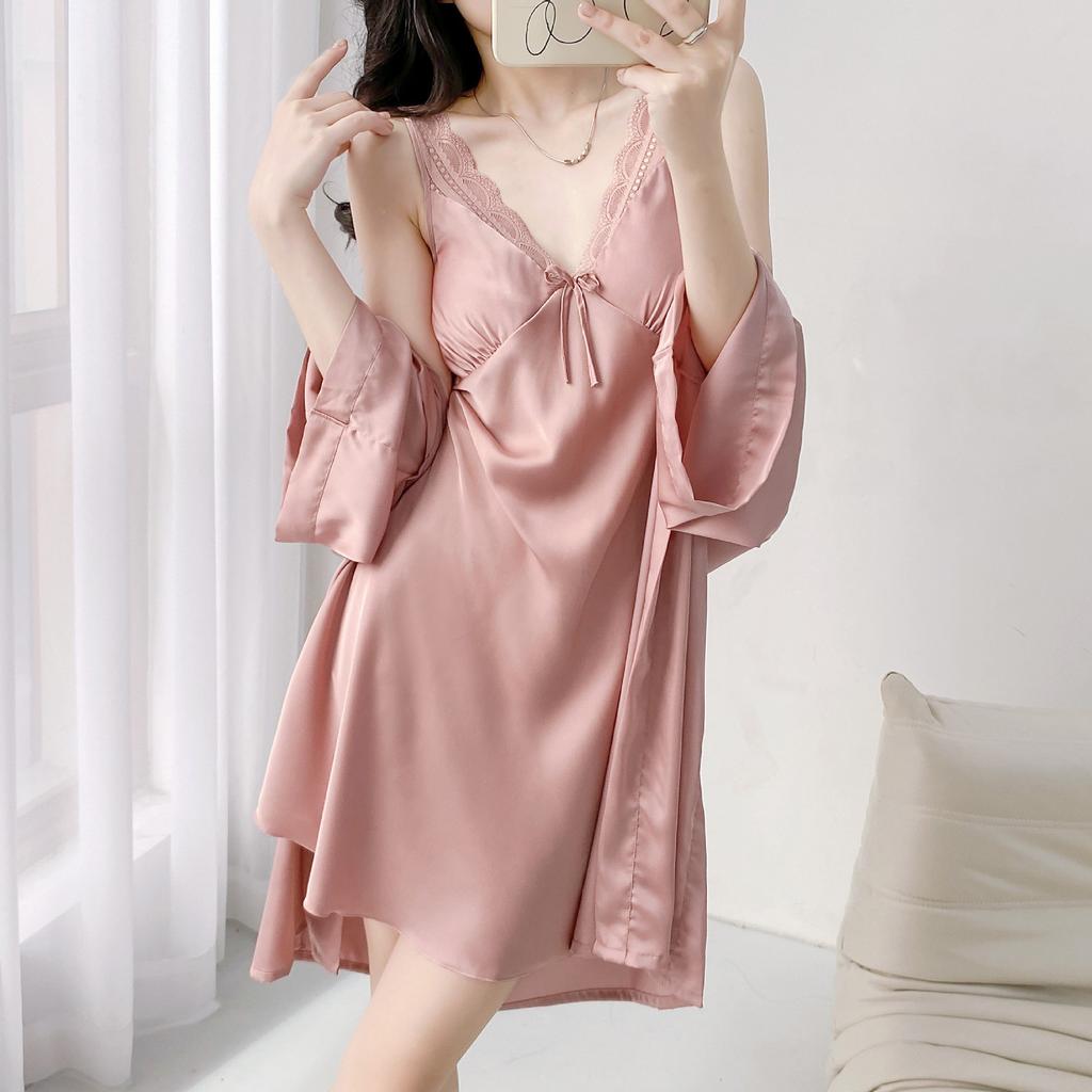 Сексуальный кружевной бант с бантом на бретельках ночная рубашка халат костюм невесты свадебное платье комплект женщин элегантная ночная рубашка весна осень новый кимоно халат