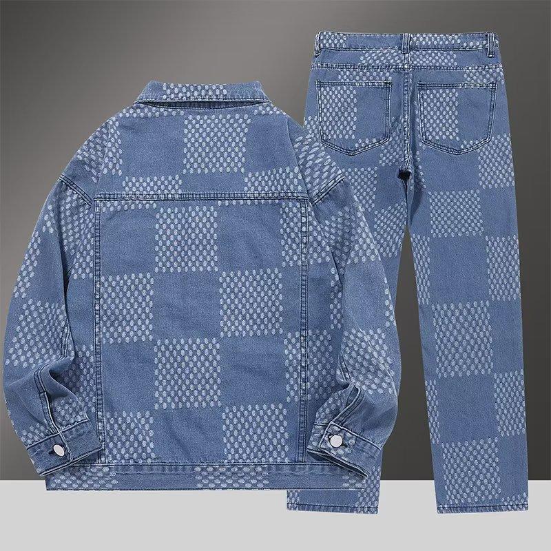 Весенне-осенний джинсовый комплект для мужчин Стильная куртка Джинсы Комплект из 2 предметов Стиль рабочего класса Смелое модное заявление