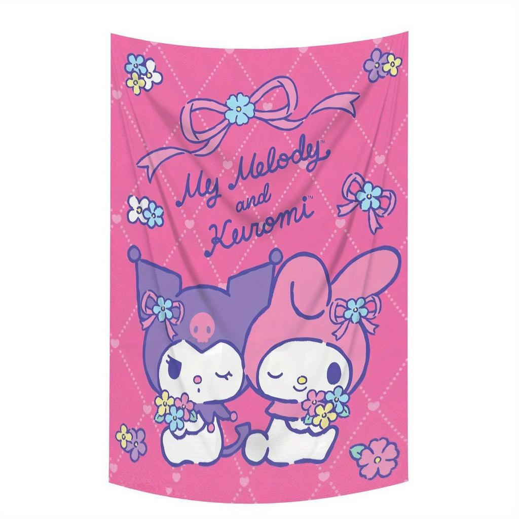 Гобелен с принтом My Melody и Black Beauty, синий и фиолетовый, мультяшные персонажи, цветочные украшения, идеально подходит для гостиных или