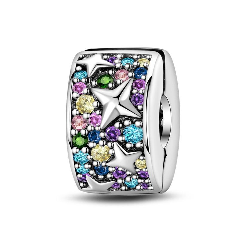 Silver Clasp 925 Silver Pave Clip Charms Colored Beads Stopper Safety Chain Fit Original Bangle Bracelet Jewelry Clip