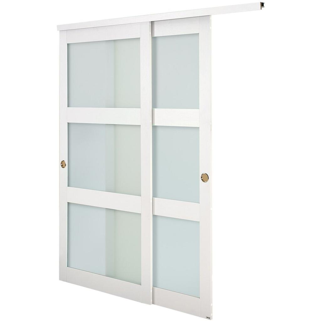 Sliding Closet Door, 1829mm (Double 940mm) x 2032 mm, 3-Lite Frosted Glass Bypass Sliding Doors with Hardware Kit, Solid Wood & MDF Slab with