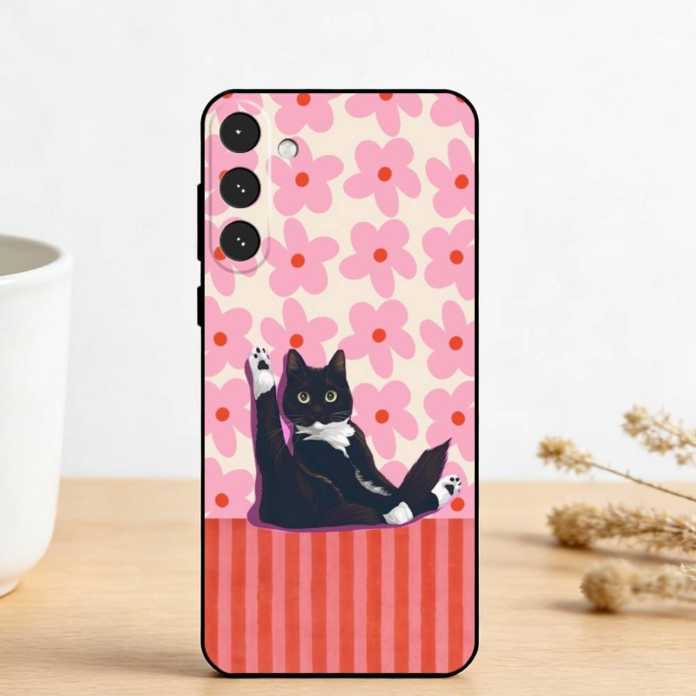 C-Cute Black White Cat Phone Case For Samsung Galaxy A73,A72,A71,A70,A53,A52,A51,Others Soft Black Cover