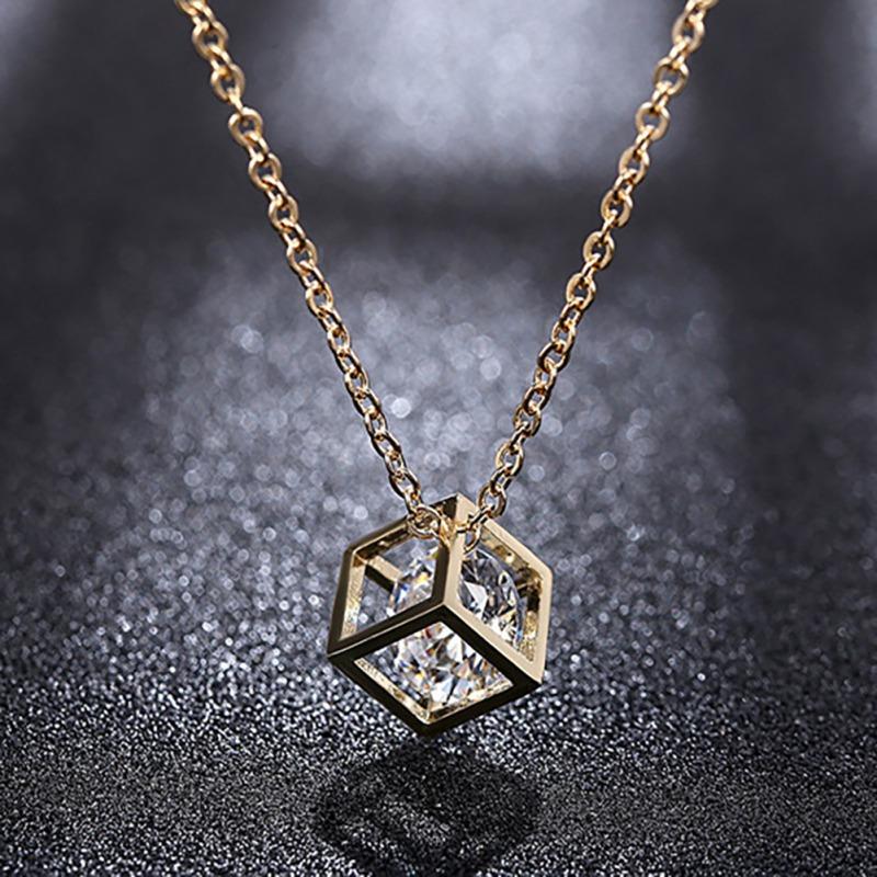 Zircon Crystal Cube Pendant Necklace Novel Chic Simple Wild Women Necklace