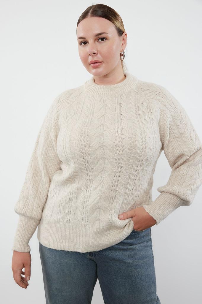Women's Fashionable Stylish Plus Size Sweater Stone Hair Braided Soft Textured Knitwear Sweater