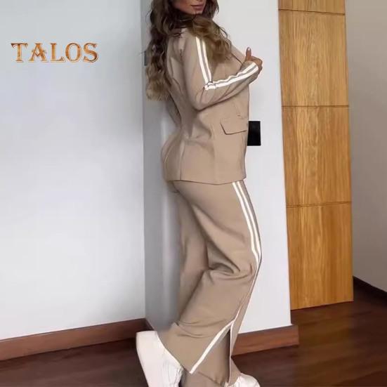 Комплект из 2 предметов: пальто и брюки для леди, отложной воротник, длинные рукава, свободные полосатые брюки с широкими штанинами, повседневная одежда для поездок на работу