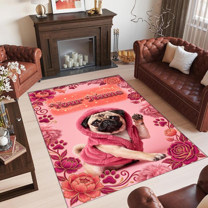 Pug Theme Crystal Velvet Floor Rug Personalized Custom Name Text Warm Carpet Home Decoration