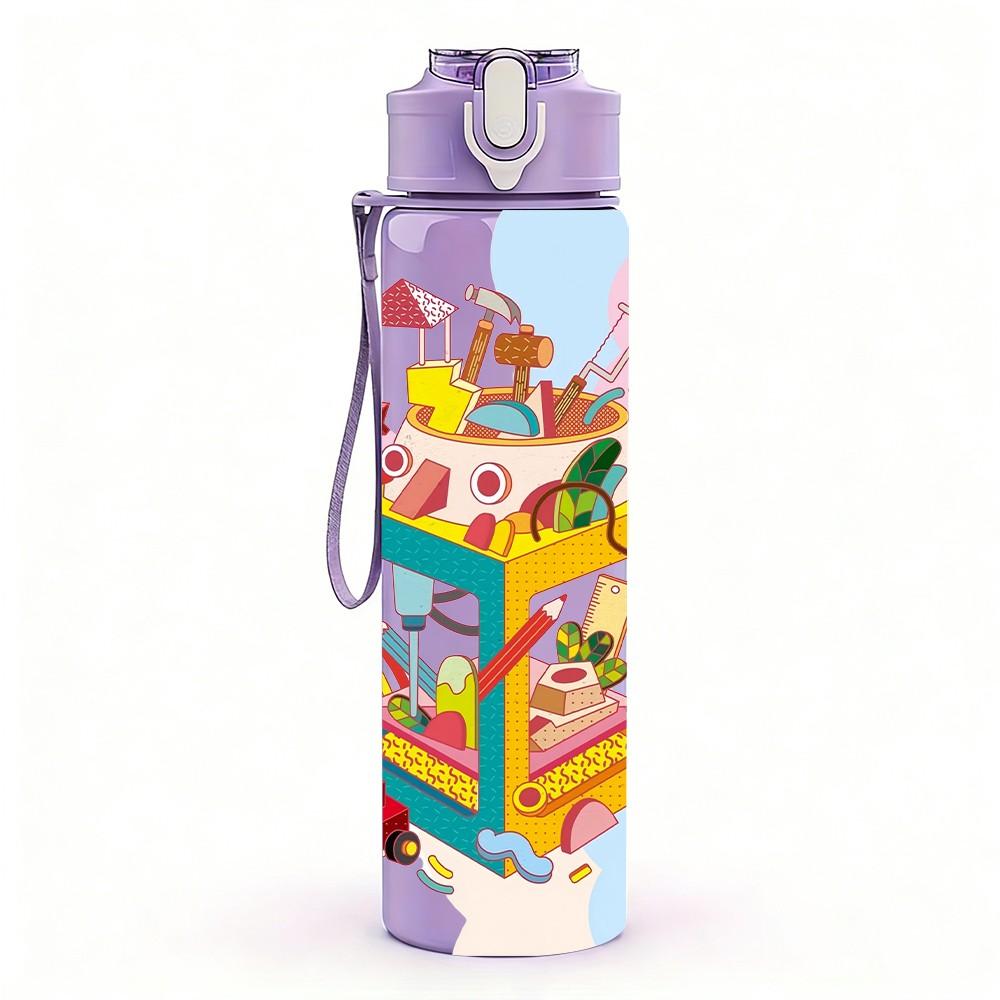 1PC Colorful Magic Box Doodle Art Pattern 750ml Color Plastic Sports Water Bottle Leakproof Flip Straw Lid Suitable for Sports Office Home Use