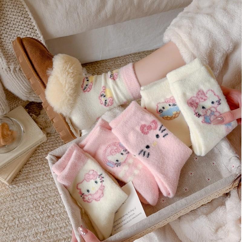 1/4/6 пар милых носков Hello Kitty Осень Зима Утолщенные Теплые Носки Женские Носки до середины икры Девочки Студенты Домашние Носки для Сна Подарок