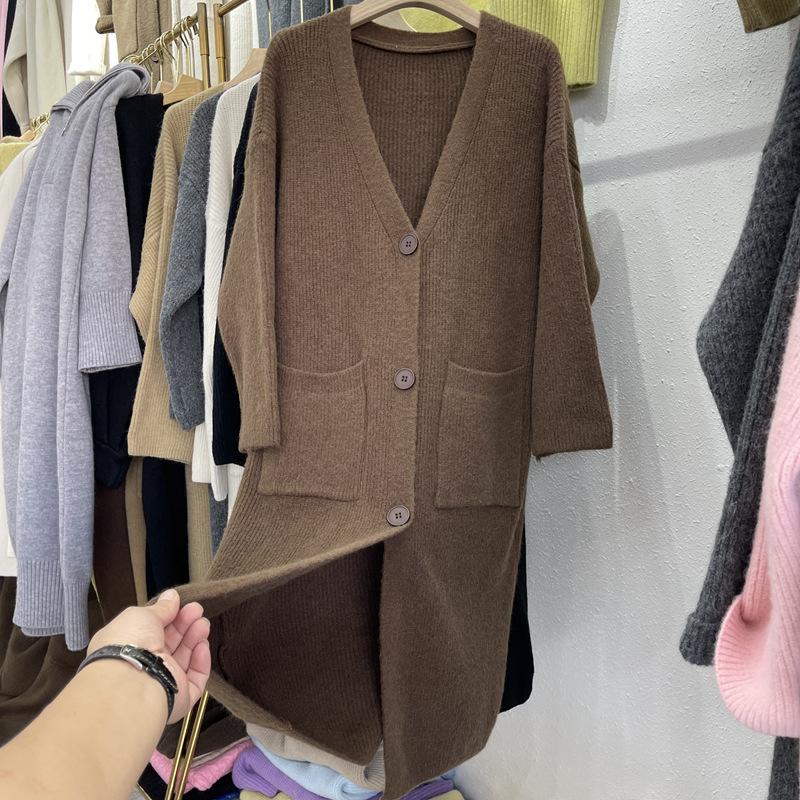 Свитер средней длины, кардиган, женская куртка в стиле ленивой вязки на осень и зиму, свитер выше колена, свободный вязаный свитер, верхняя одежда