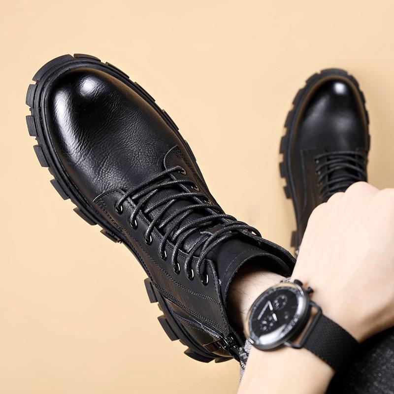 Genuine Leather Men Boots Fashion Casual High-top Boots British Style Short Boots for Men Plush Warm Winter Booties Botas Hombre
