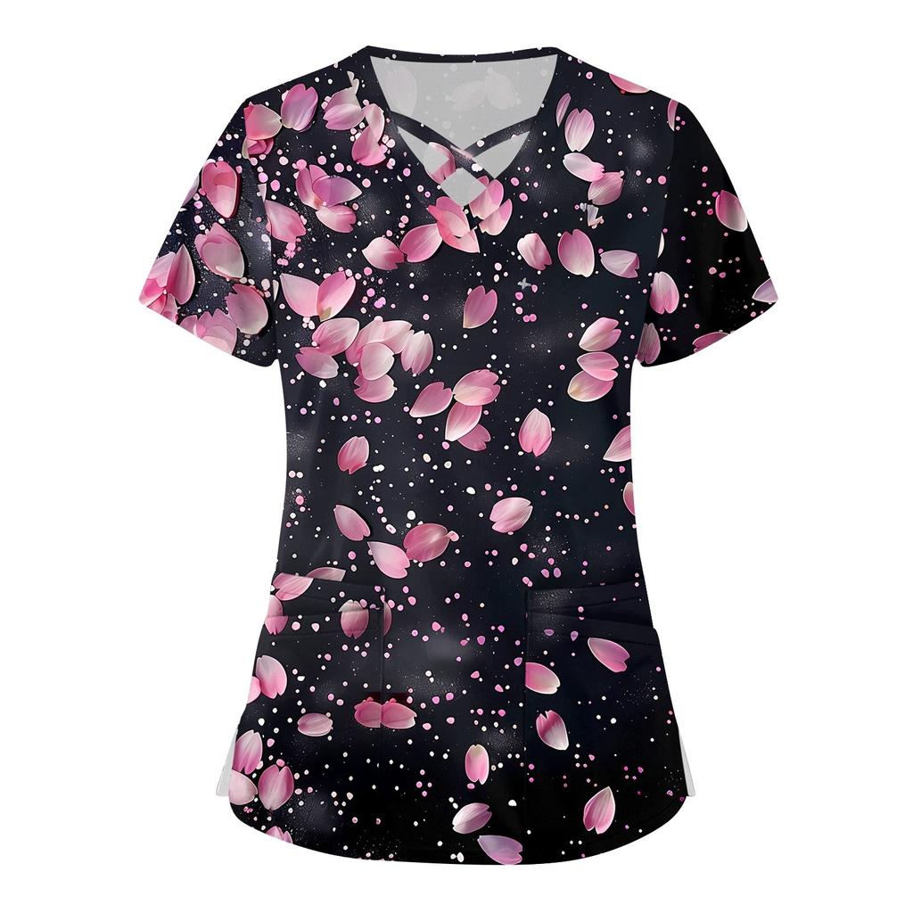 Women's Short Sleeve Stagger V Neck Print Pocket Dry-nurse Top