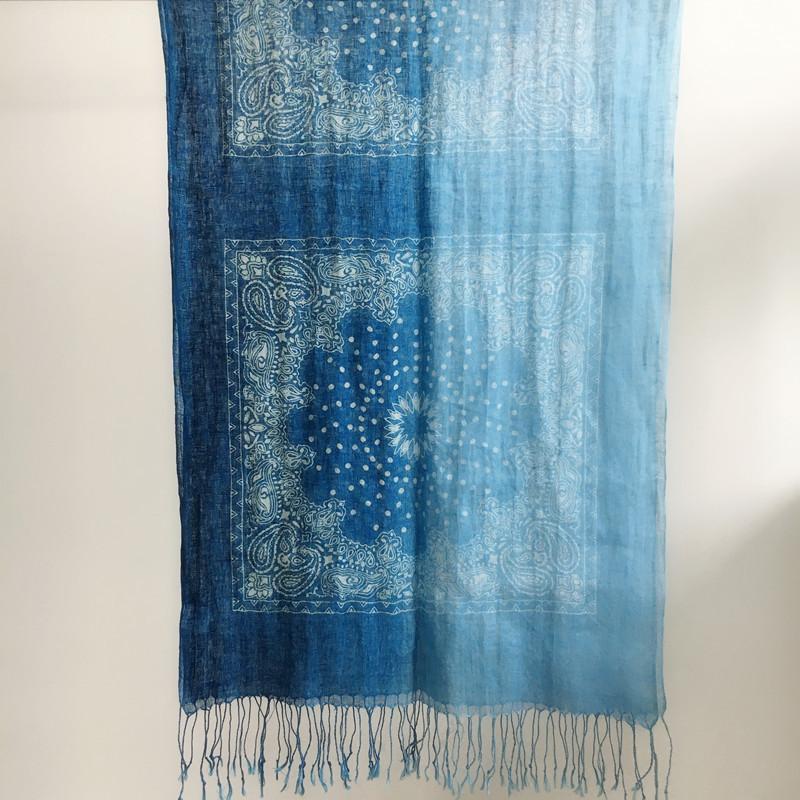 Printing Gradual Change Color Linen Batik Scarf Blue Versatile Ethnic Style Retro Silk Scarf Thin Light Breathable Yarn