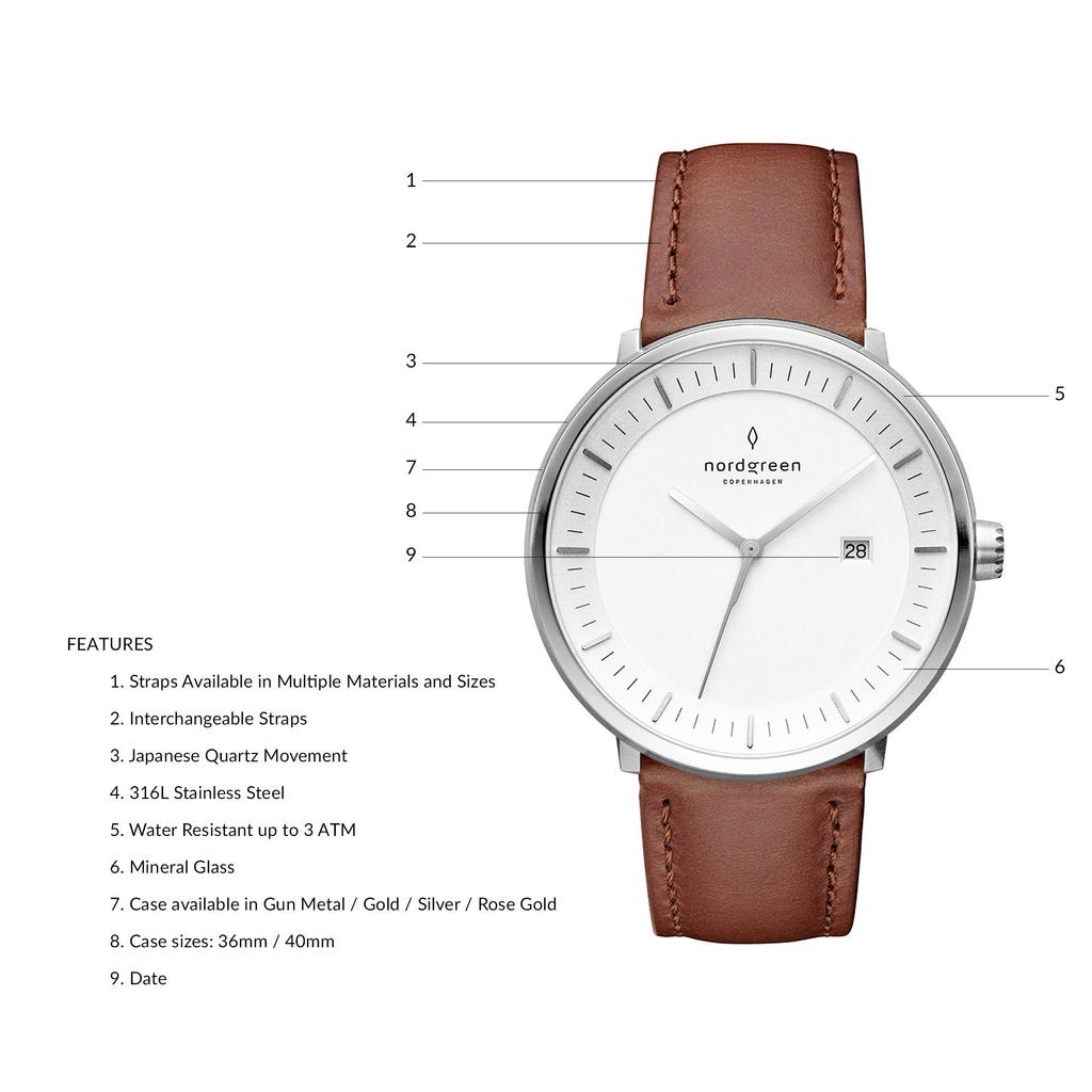 Nordgreen Philosopher Scandinavian Design Watch White Dial Brown Mesh 40mm [Set] Leather/Black Leather/Silver