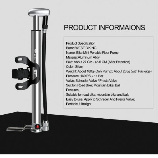 WEST BIKING 140psi High-pressure Bike Pump with Gauge for Fork Hand Cycling Tire Inflator Schrader Presta Valve Bicycle Pump