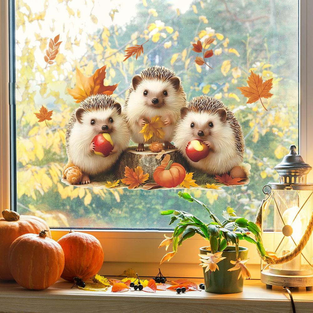 Милый ежик, едящий яблоки, осенние опавшие листья, наклейки для украшения стеклянного окна дома
