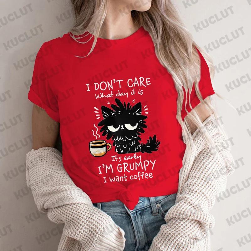 I Want Coffee TShirt Unisex Summer Short Sleeve Y2k Tops Fashion Hip Hop Tees Clothes Black Cat Comfortable Casual T Shirt