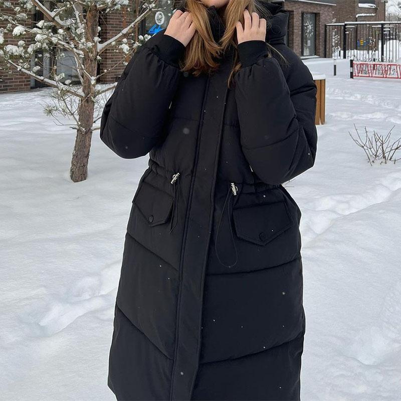 Пальто из хлопка с перьями, женская длинная зимняя утолщенная свободная куртка выше колена с капюшоном