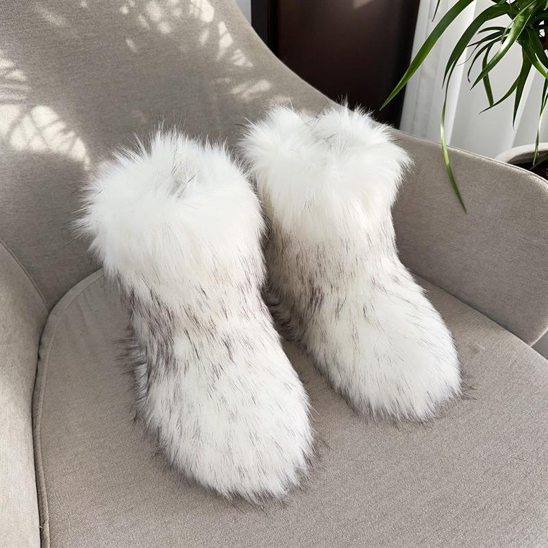 Imitation Raccoon Fur Plush Snow Boots Bag Head Warm Fluffy Fluffy Hot Girl