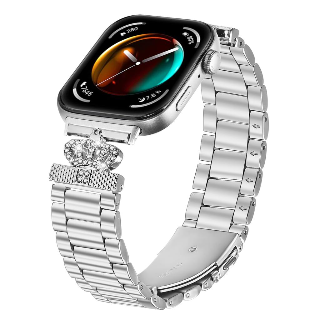 For Huawei Watch Fit 3 Stainless Steel Strap Crown Shape Rhinestone Decor Silver Watch Band