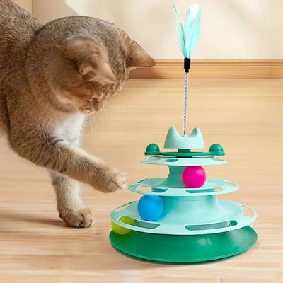Интерактивная игрушка для кошек Башня для котят Вращающаяся дорожка Роликовые шарики Игрушки с перьями Принадлежности для тренировки питомцев Игрушка для кошачьей башни