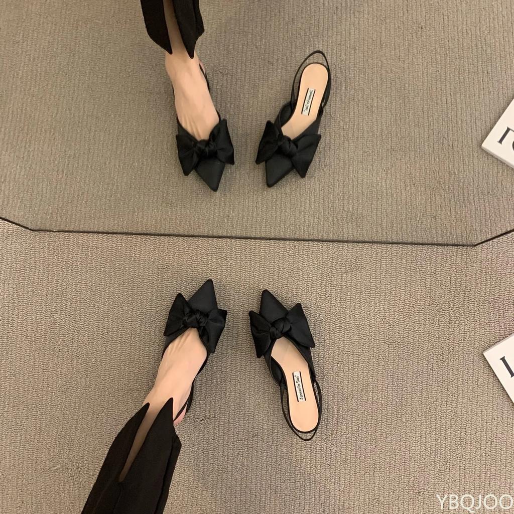 Босоножки с бантом женские летние 2025 года с острым носком на низком каблуке женские модные босоножки Baotou с тонким ремешком на высоком каблуке Sandalias De Mujer