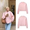 Women Sweater Round Neck Long Sleeve Solid Color Loose Fit Knitting Tops