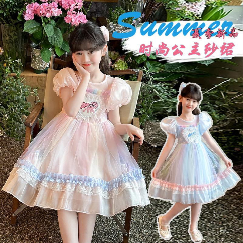Girls' dress summer 2026 new style girls' big girl summer trendy bubble sleeves ponytail dress summer princess dress trend