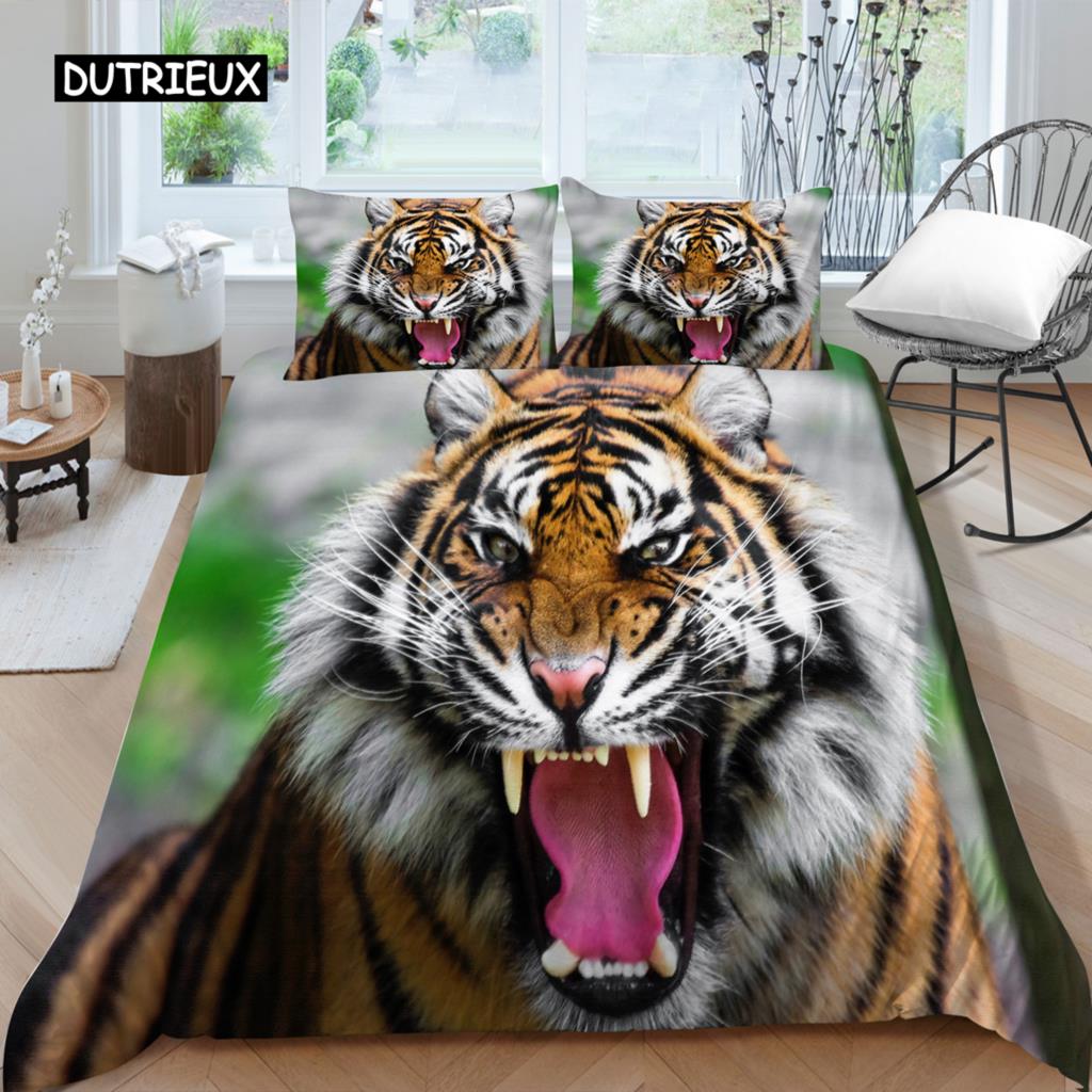 Комплект постельного белья 3D, черный пододеяльник, комплект стеганого одеяла, наволочка, размер King Queen, полиэстер с принтом тигра и животных