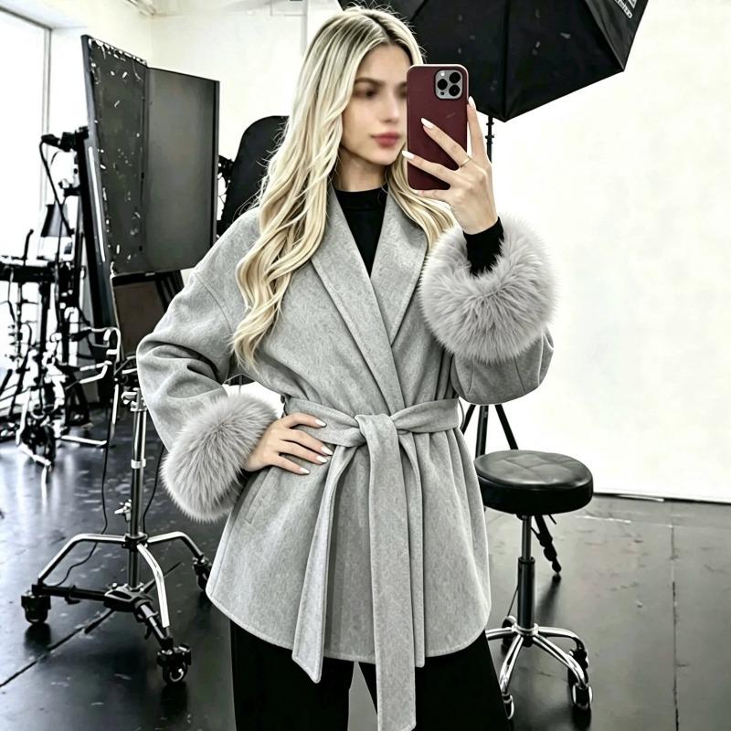 Зимняя короткая шерстяная куртка с манжетами из лисьего меха, шнуровкой, кружевной отделкой, женская, для commuters