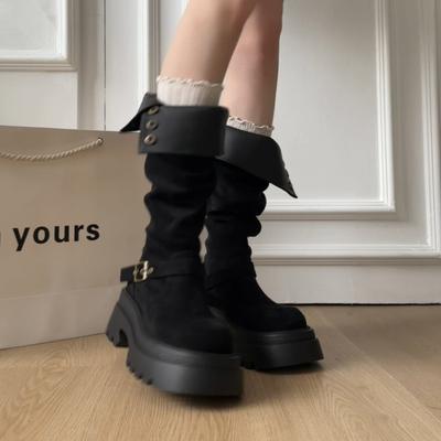 Плиссированные ботинки на толстой подошве женские осенне-зимние новые ботинки в уличном стиле Spice Girls летняя модная обувь женские ботфорты до колена