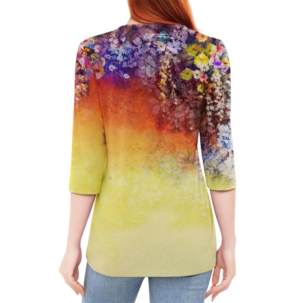 Women's Fashion Casual Loose 3/4 Sleeve Printed Round Neck Top