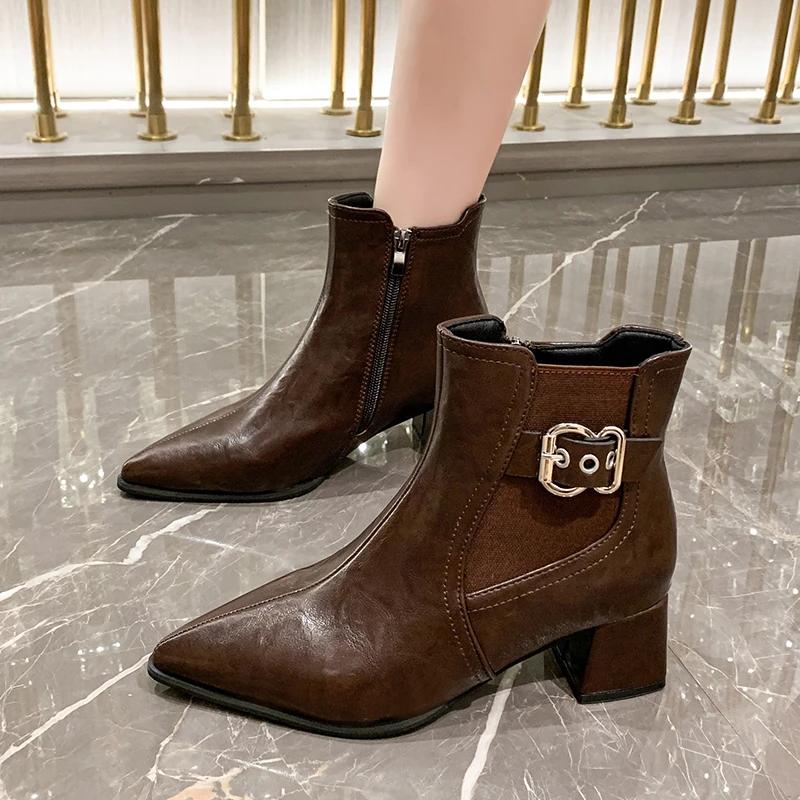 Модные женские сапоги осень/зима, квадратный носок, высокие каблуки, ботинки челси, женская обувь, ретро-ботинки с пряжкой на ремне