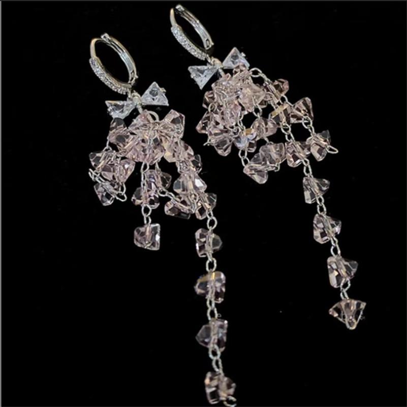 Light Luxury Zircon Bowknot Irregular Tassel Earrings for Women Delicate Crystal Long Dangle Earring Party Daily Wedding Jewelry