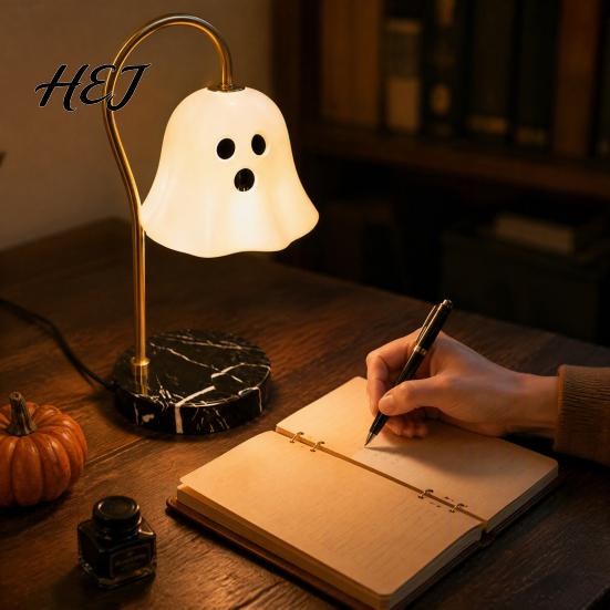 Halloween Room Decor Ghost Table Lamp, Resin Spooky Night Light with Metal Gift for Friends Arm, USB Powered Bedside Bedroom, Funny Holiday