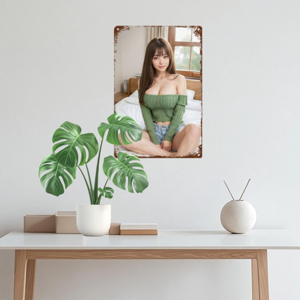 Hisun Tin Sign HD Metal Tin Sign Gorgeous Asian Model in Green OffShoulder Sweater Retro Metal Wall Art for Home Decor x Inch