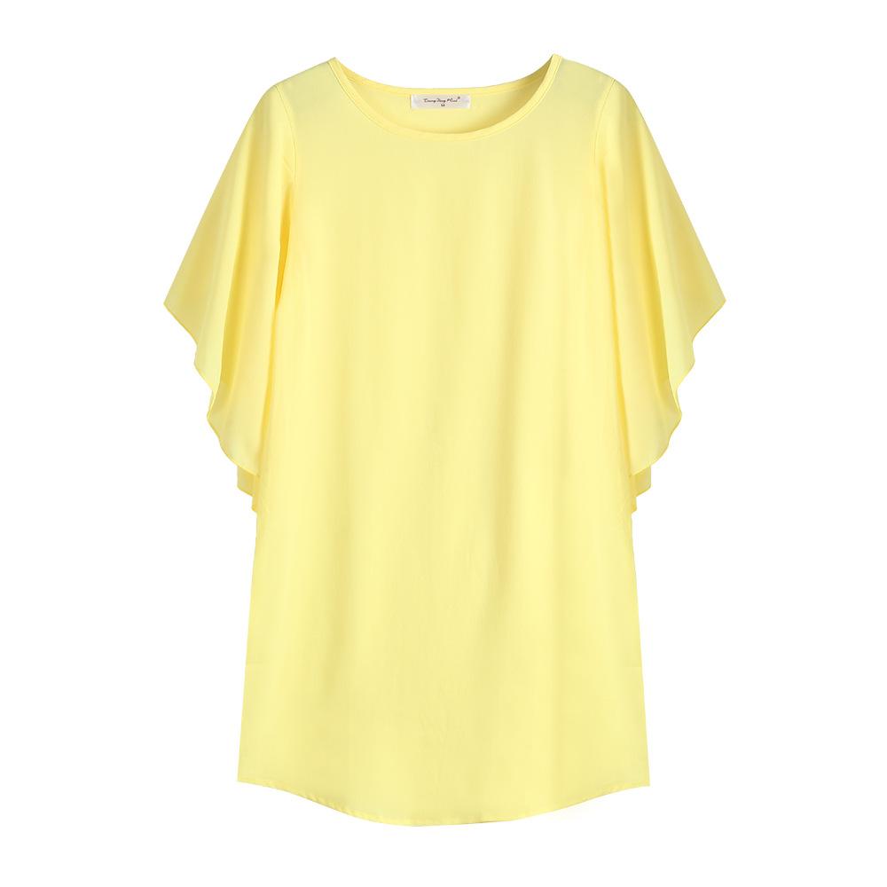 Женская элегантная однотонная шифоновая футболка с рюшами, свободный летний длинный топ с короткими рукавами