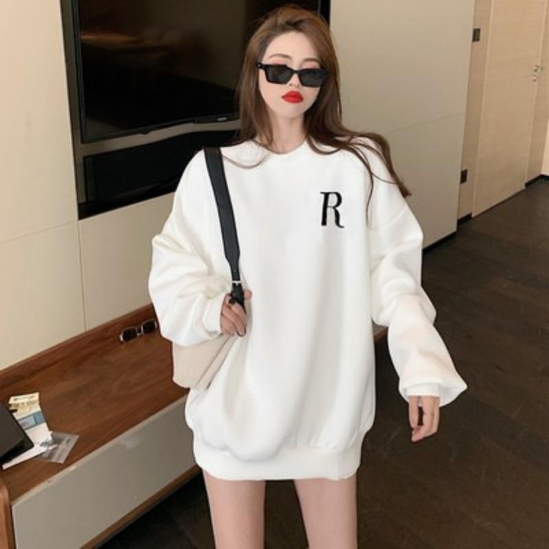 Women Loose Bf Style Retro Korean Casual Long Sleeve Hoodless Pullover Sweatshirt