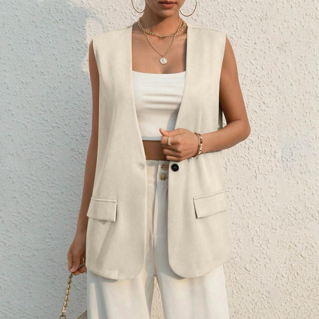 Ladies Summer Suit Jacket Work Casual Sleeveless V-Neck Single Button Solid Color Suit Vest