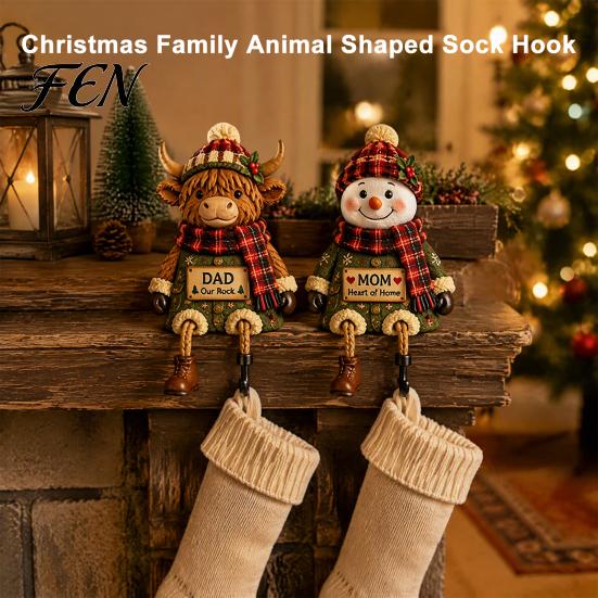Christmas Character Statue Stocking Holder, Mantel Resin Sitting Leg Hook, Holiday Decoration Ornament Festive for Home Fireplace Display Unique