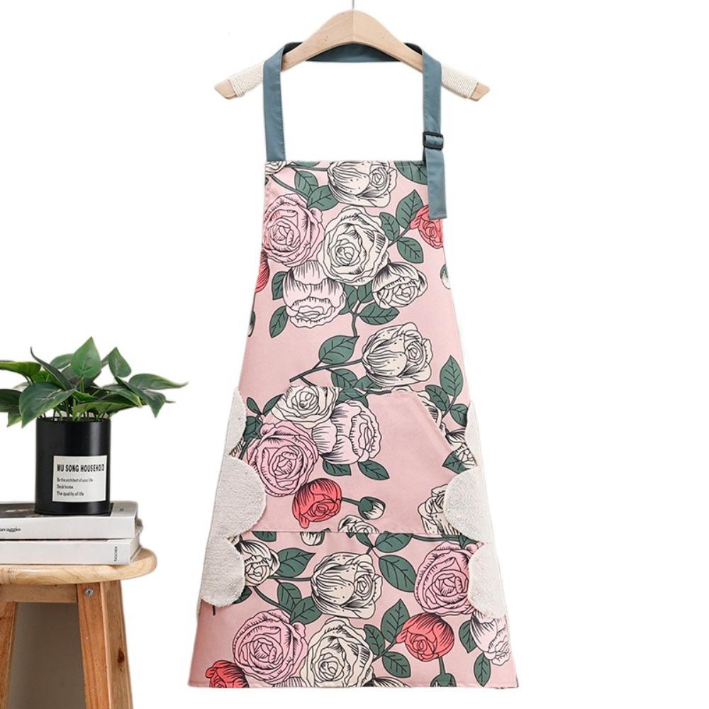 Rose Print Waterproof Apron With Hand Towel Restaurant Uniform Work Apron Household