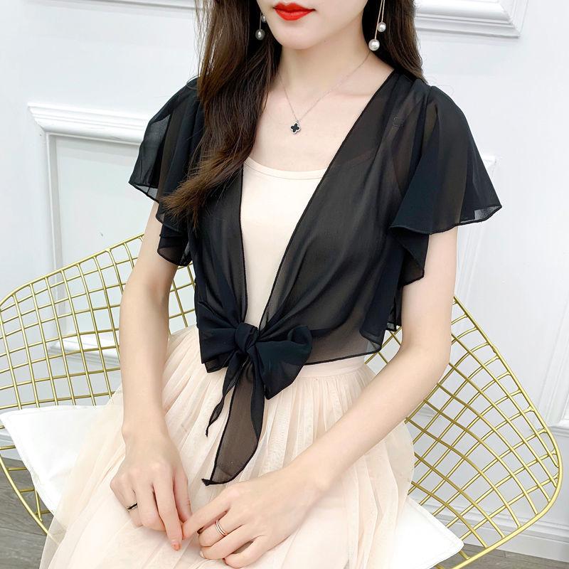 Женская летняя шифоновая куртка-шаль с защитой от солнца 2024 года — короткий рукав, легкий кардиган, универсальный жилет.