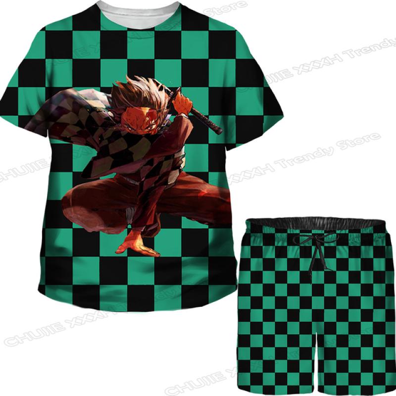 Детские топы/брюки/костюм с 3D принтом японского аниме «Убийца демонов» для девочек Kimetsu No Yaiba Tomioka Giyuu, комплект футболок и шорт с мультяшным рисунком