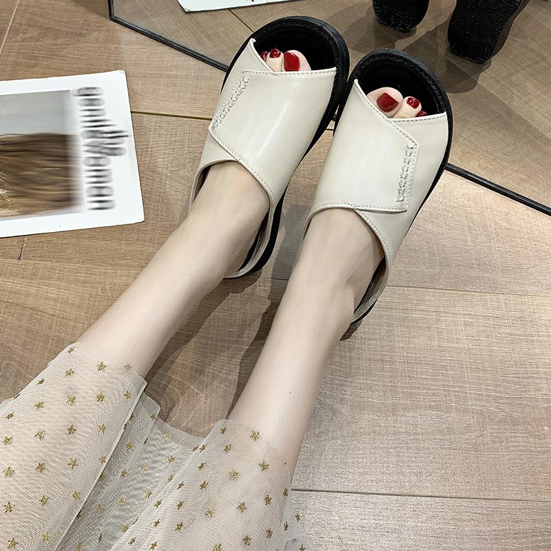 Leather Wedge Sandals and Slippers Women's 2024 Summer New Thick Bottom Raised Platform Shoes Fish Mouth One Word Flip Sandals